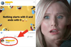 Meme with two panels; left shows a social post with text "Nothing starts with O and ends with O" and a circled "Onion" reaction, right shows a woman looking shocked