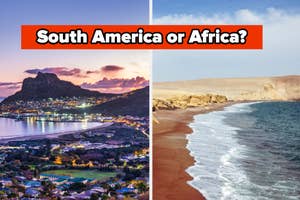 Split image comparing a lush mountainside cityscape to a desert beach with the question "South America or Africa?"
