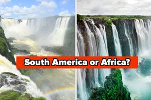 Split image comparing two large waterfalls with the text "South America or Africa?"