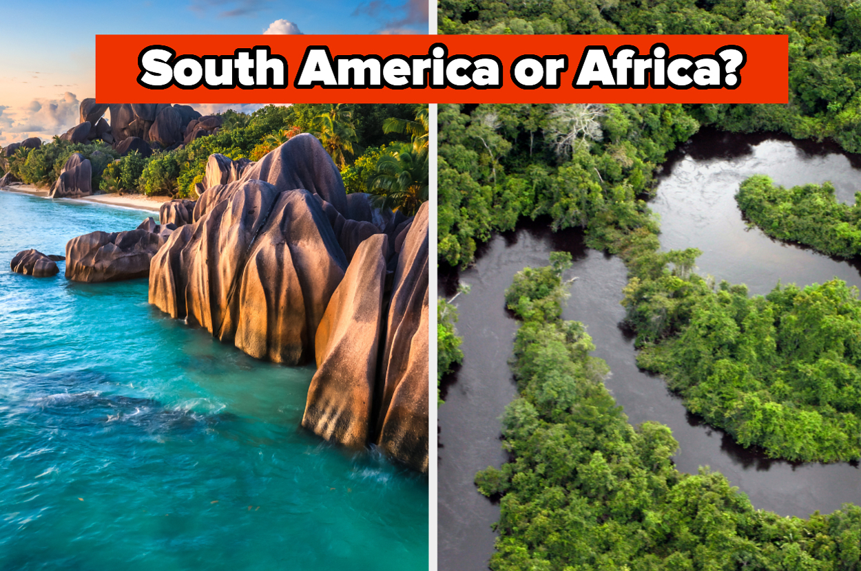 Two side-by-side photos comparing landscapes, left with rocky shoreline, right with a river through a dense forest, text asks "South America or Africa?"