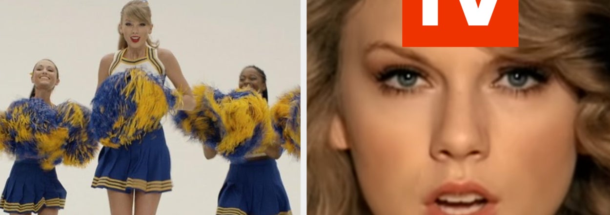 Taylor Swift dressed as a cheerleader surrounded by backup dancers; inset close-up of her face