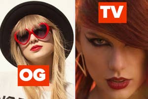 Split image of Taylor Swift, left with sunglasses and hat, right with a sultry look