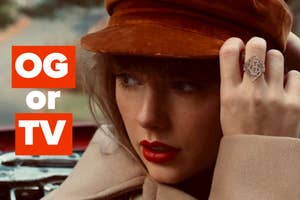 Taylor Swift wearing a beret, touching the brim, with text "OG or TV"
