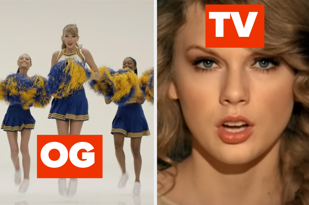 Taylor Swift dressed as a cheerleader surrounded by backup dancers; inset close-up of her face
