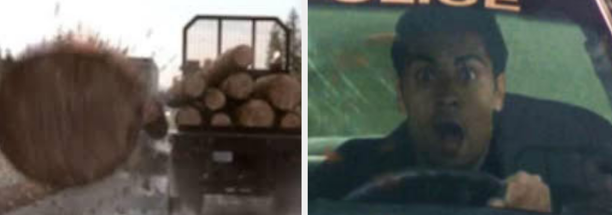 Split-screen of a log coming off a truck towards a car and a man reacting in shock while driving