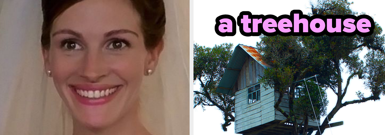 Image 1: Bride smiling, holding bouquet. Image 2: Treehouse nestled in branches