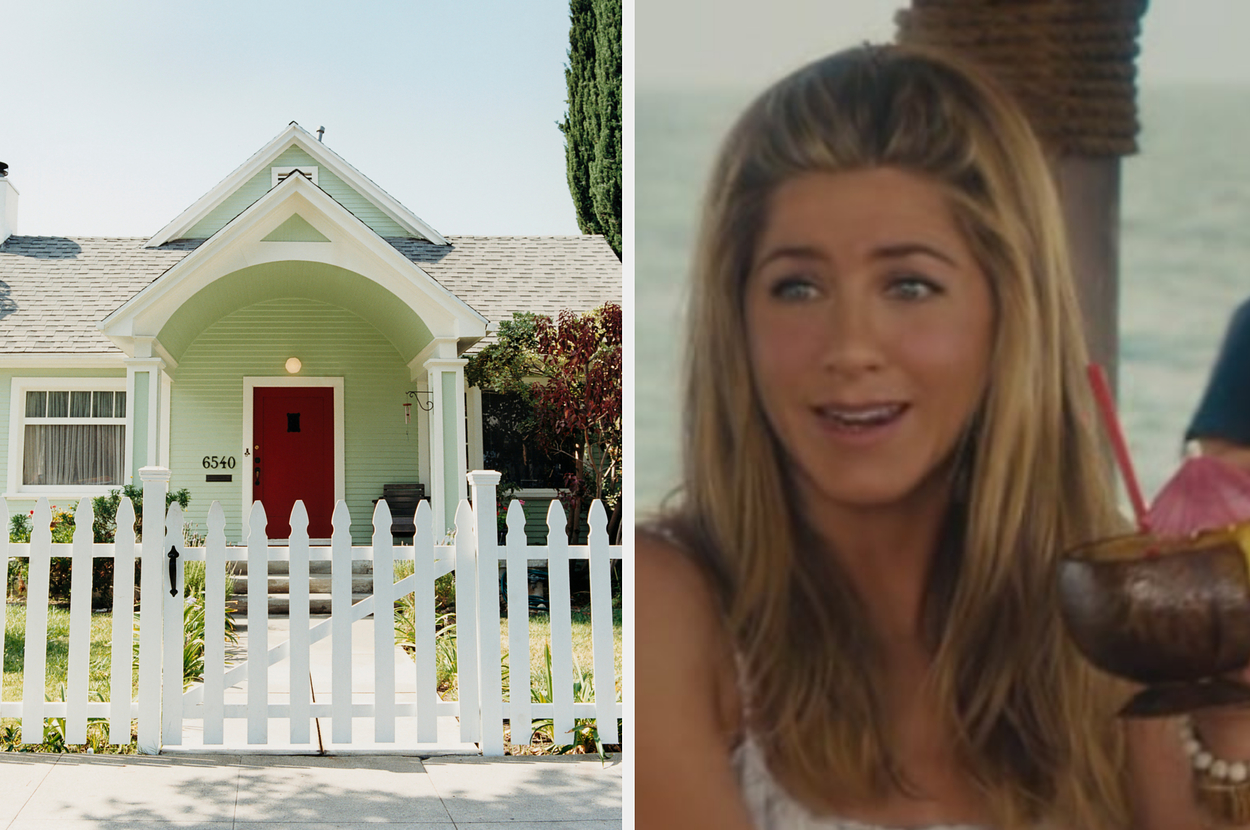 Split image: Left - A small white house with a picket fence. Right - Jennifer Aniston holding a coconut drink