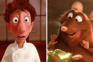 Animated characters Linguini and Remy from "Ratatouille" looking surprised and happy respectively