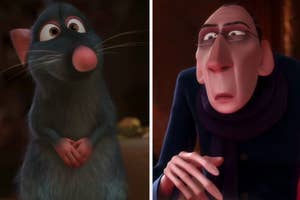 Remy the rat and Anton Ego from Ratatouille, with Remy looking hopeful and Ego appearing skeptical