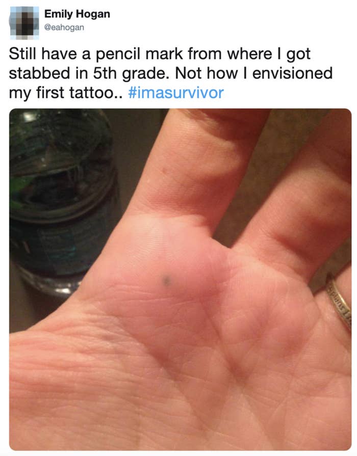 Photo of a hand with a small pencil mark on the palm, captioned with a tweet about a childhood incident