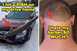 Car with a fish stuck on the front bumper; person with a poorly cut hairstyle