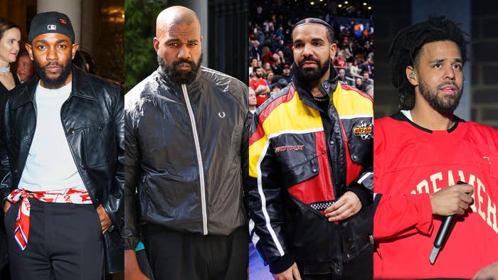 Four male artists in different outfits; one in a leather jacket, another in a parka, the third in a colorful jacket, and the fourth in a hoodie