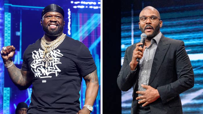 50 Cent wearing a graphic tee and Tyler Perry in a suit, both addressing an audience