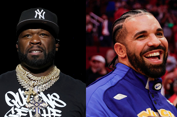 Split image of rapper 50 Cent in a cap and t-shirt with necklaces, next to Drake smiling in a baseball cap