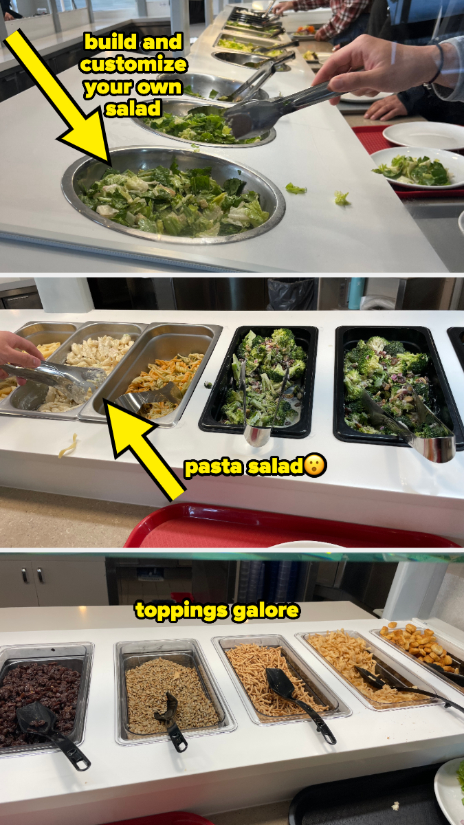 A salad bar with a person building a salad, various toppings, and a label for pasta salad