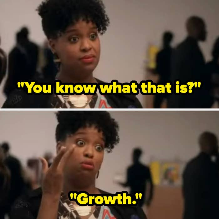 Woman gesturing with fingers apart, text quotes &quot;You know what that is?&quot; and &quot;Growth.&quot;