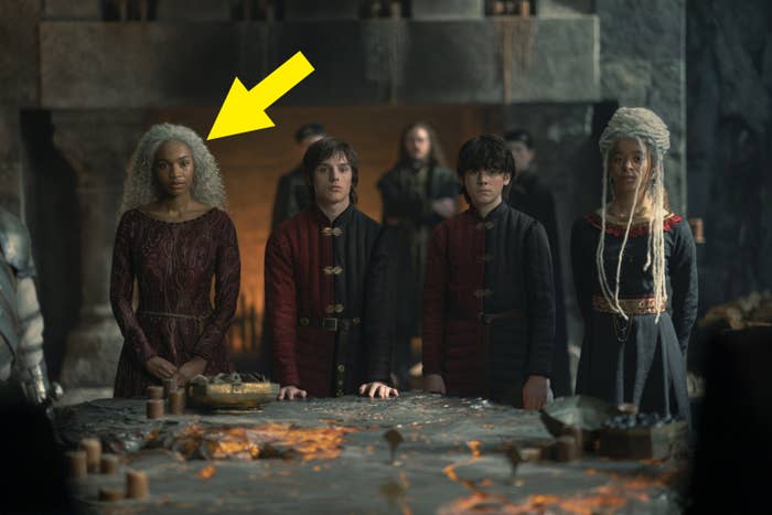 Screenshot from &quot;House of the Dragon&quot; with an arrow pointing to Baela Targaryen