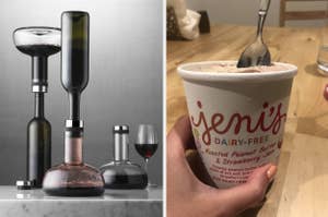 Wine aerator on the left; hand holding a pint of Jeni's dairy-free ice cream on the right