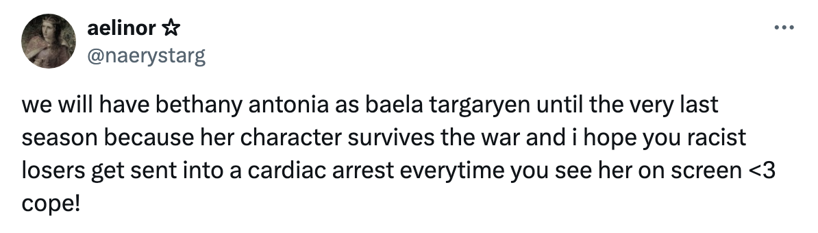 Tweet expressing support for Bethany Antonia as Baela Targaryen, hoping critics are proved wrong by her character&#x27;s survival