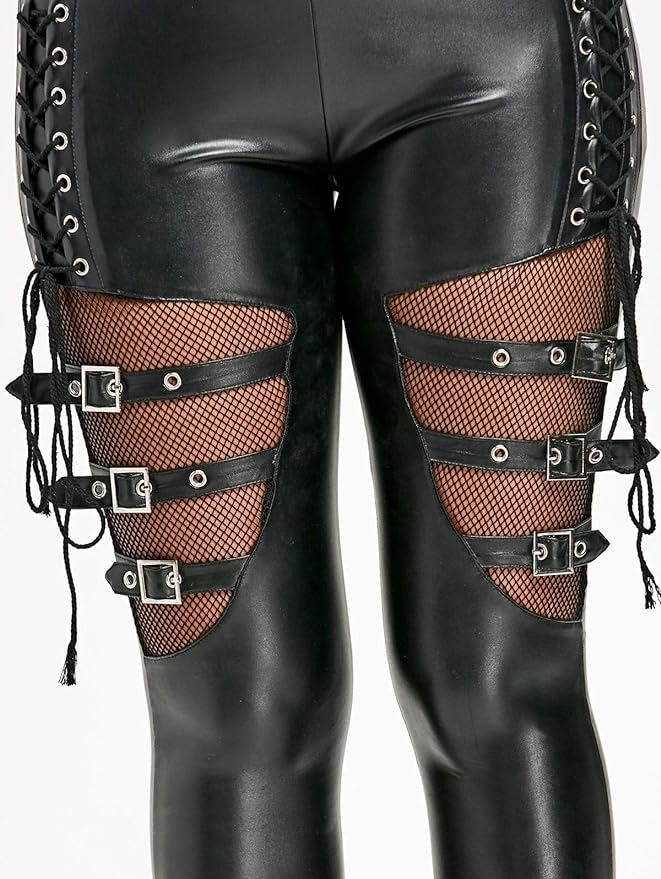 Close-up of leggings with mesh and buckle details, suitable for a bold fashion statement