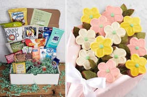 Gift boxes with assorted snacks on the left and flower-shaped cookies on the right, ideal for presents