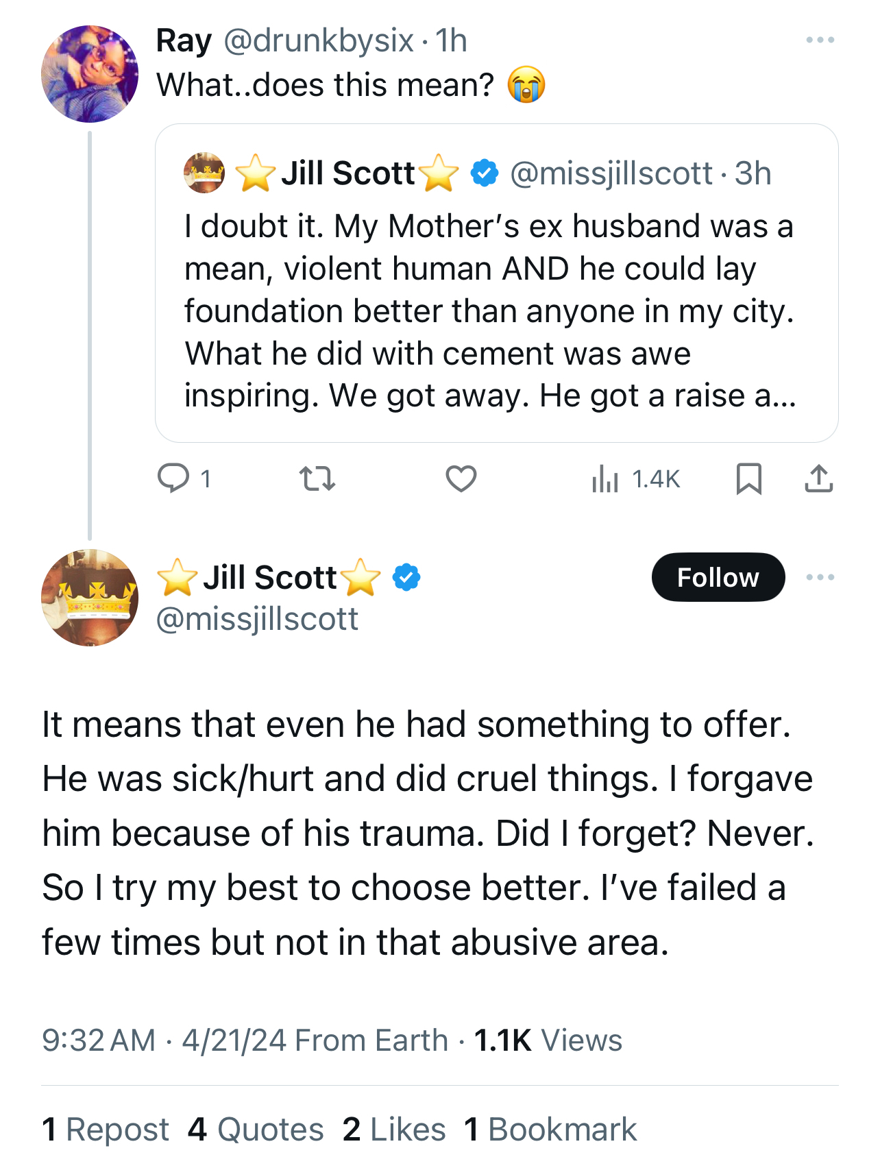 Two tweets by @missjillscott discussing personal sentiments about forgiveness and past trauma
