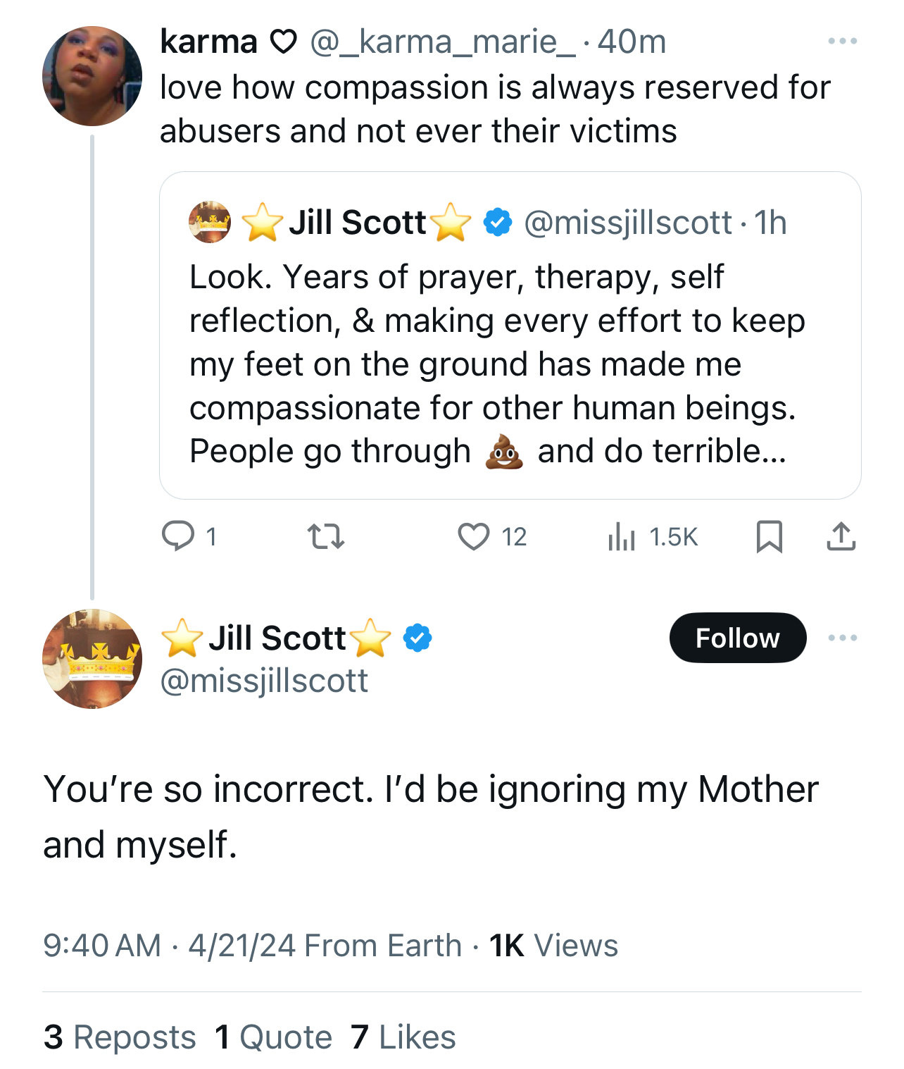 Screenshot of a tweet exchange between users, discussing compassion and a misunderstanding involving Jill Scott
