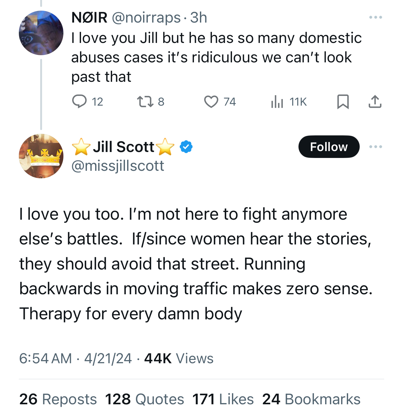 Twitter exchange between NOIR and Jill Scott discussing domestic abuse awareness and support