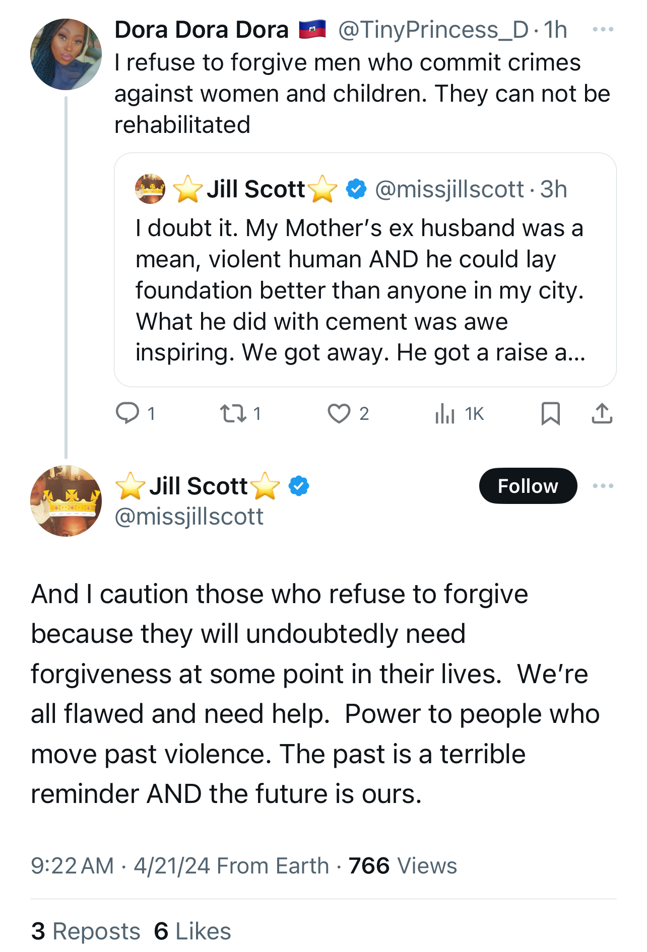 Summarized tweet exchange on forgiveness and past mistakes, highlighting personal growth and future change