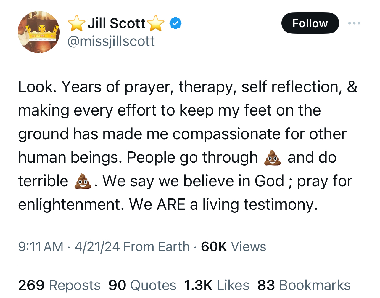 Tweet by Jill Scott discussing her personal growth and belief in God, stressing her experiences and enlightenment