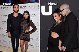 Scott Disick and Kourtney Kardashian pose at an event vs Kourtney Kardashian Barker and Travis Barker hold hands on the red carpet