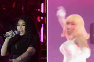 Nicki Minaj performs onstage, another blurred figure in the background