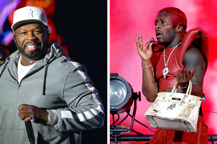50 Cent on left wearing a cap and hoodie; Lil Uzi Vert on right with a shoulder bag and red fit