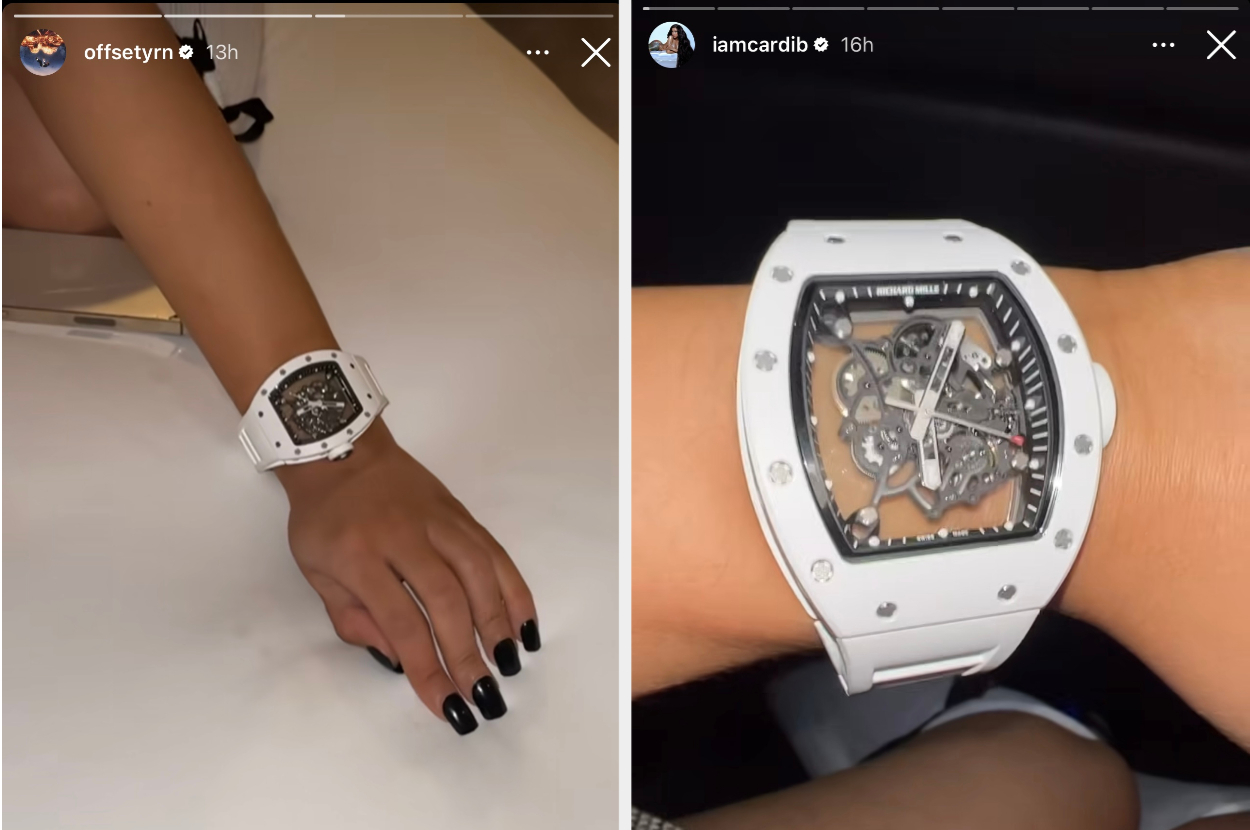 Person&#x27;s wrist with a luxury watch, another with a similar style, indicating a matching set. Used in music article context