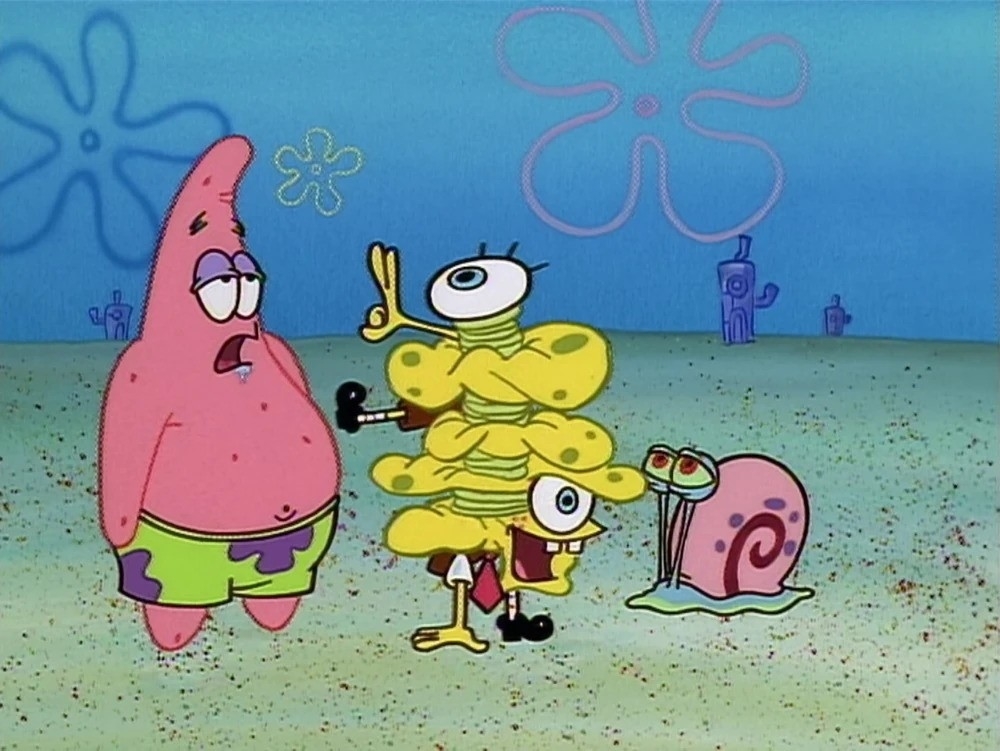 Patrick, SpongeBob in exercise gear, and Gary the snail in a scene from an animated show