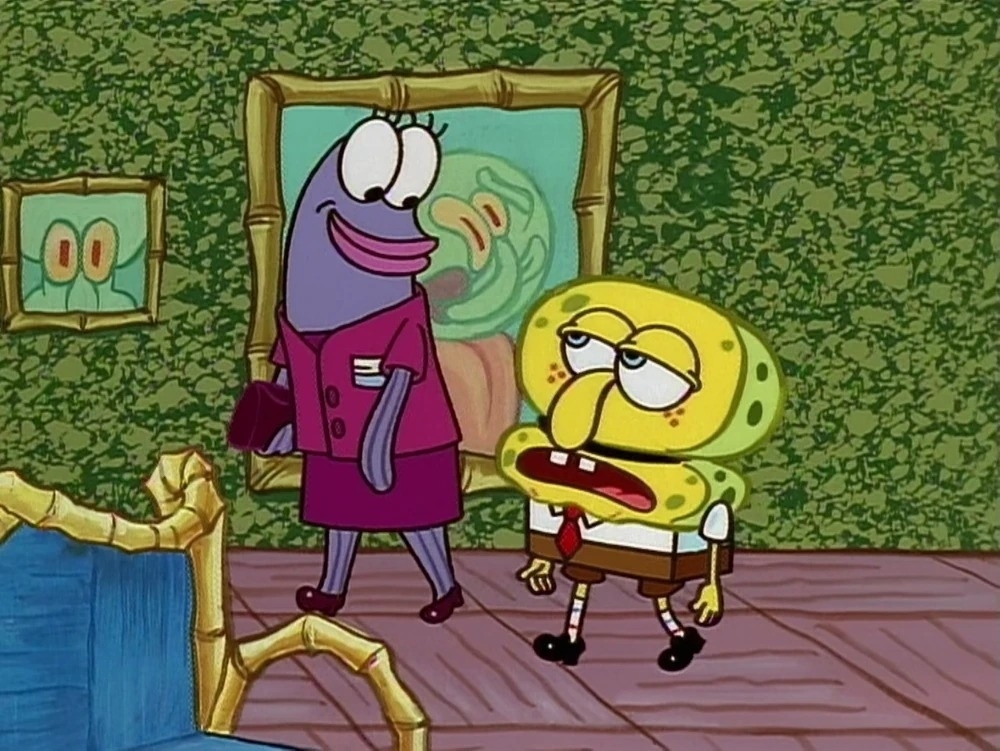 SpongeBob SquarePants imitating Squidward, standing next to a painting with an real estate agent