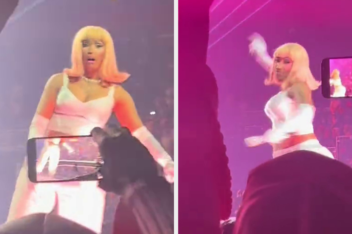 Two photos of Nicki Minaj on stage performing, wearing a pink outfit with a microphone in hand