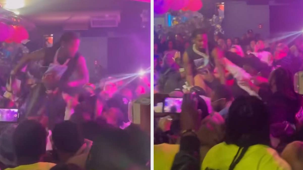 What started out seemingly as a playful money-throwing contest quickly spiraled into a scuffle between the rapper and others at a strip club in Queens.