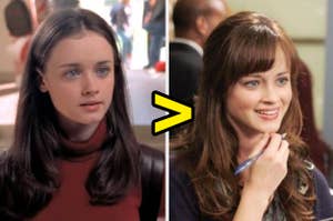 Side-by-side images of Rory Gilmore from the TV show "Gilmore Girls," showing her evolution