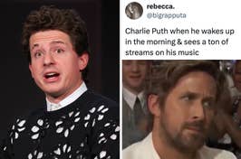 Split-screen of Charlie Puth looking surprised and a man clapping. Below, a tweet joking about Puth's reaction to his music streams