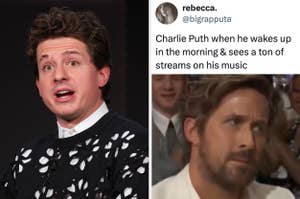 Split-screen of Charlie Puth looking surprised and a man clapping. Below, a tweet joking about Puth's reaction to his music streams