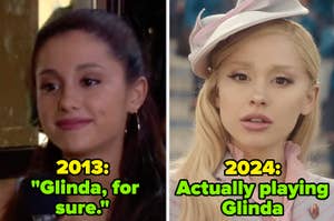 Side-by-side comparison of Ariana Grande's past mention of playing Glinda and her current role as Glinda