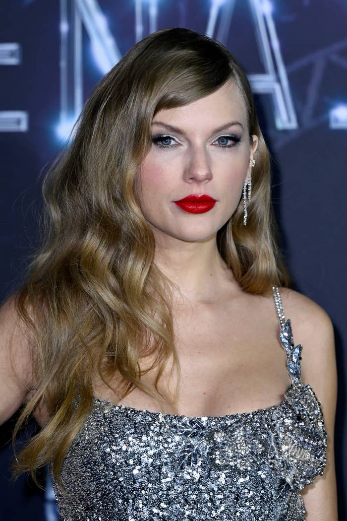 Closeup of Taylor Swift in a sequined dress