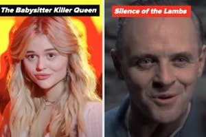 Split screen of characters from “The Babysitter Killer Queen” and “Silence of the Lambs,” movie title overlays
