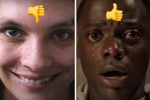 Split image with two people, one smiling with a thumbs-up emoji, the other distressed with a thumbs-down emoji