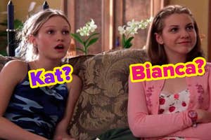 Two characters from '10 Things I Hate About You', Kat and Bianca, sitting on a couch. Text overlays with their names and question marks
