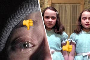 A collage of two images: a close-up of a person's teary eye with a thumbs-down emoji, and twins in matching dresses with a thumbs-up emoji
