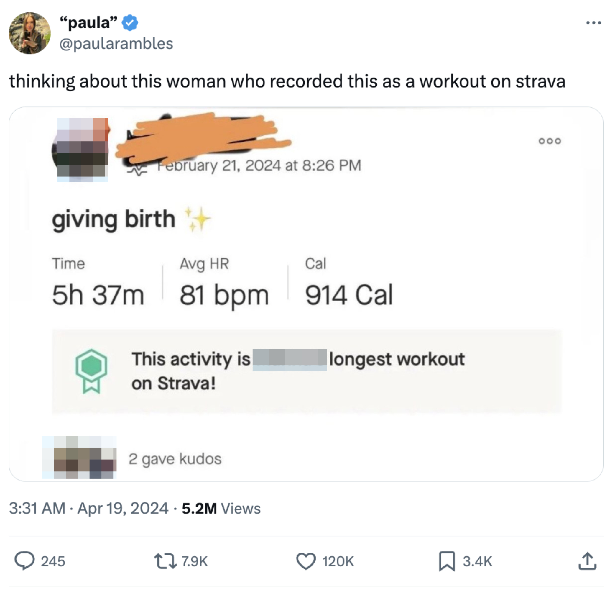 Screenshot of a tweet joking about a Strava workout during childbirth labeled &quot;giving birth,&quot; with 5h 37m duration, 81 bpm, 914 Cal burned