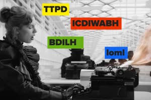 Woman at typewriter with overlay of assorted, unassociated acronym text blocks