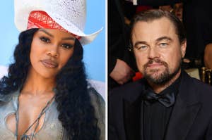 Two side-by-side portraits, one of a woman in a cowboy hat, one of Leonardo DiCaprio in a tuxedo